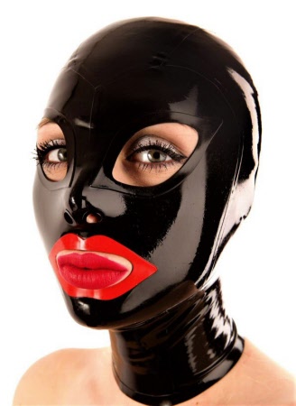 latex panelled hood with red contrast lips